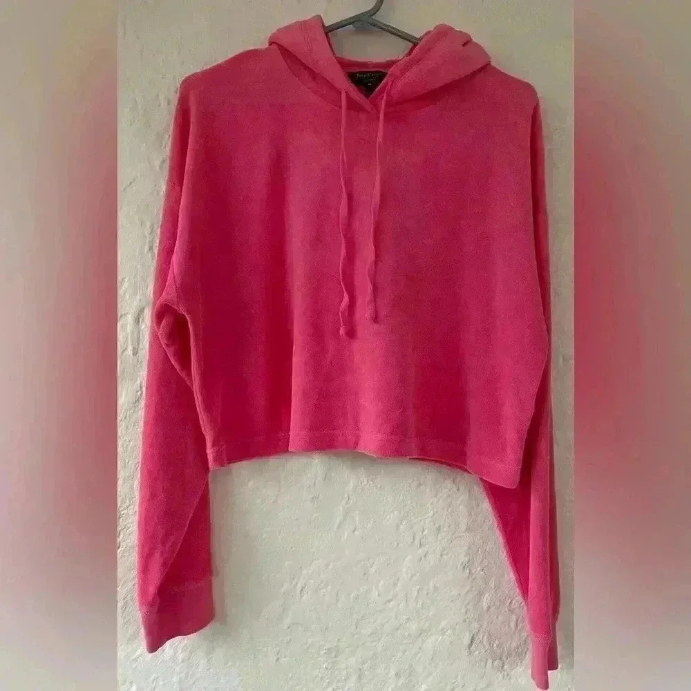 Juicy Couture Hot Pink Terry Cloth / Cotton Blend Cropped Hoodie Sweatershirt; M